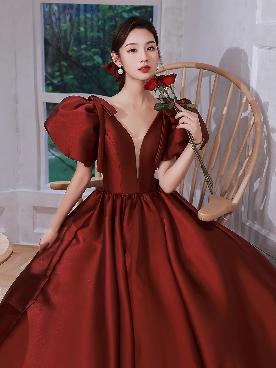A line Burgundy Party Dresses Long Satin Prom Dresses P725 - Image 2