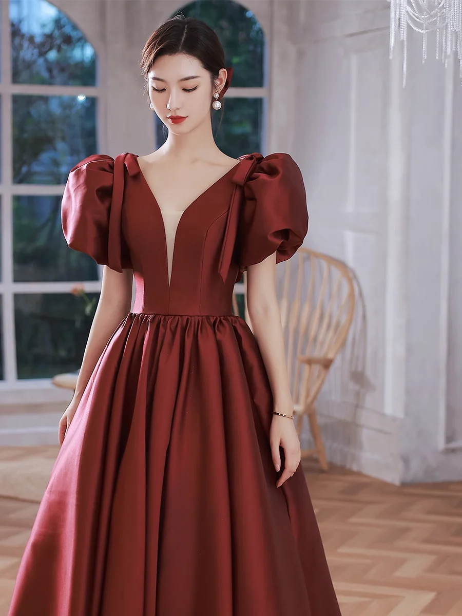 A line Burgundy Party Dresses Long Satin Prom Dresses P725 - Image 3