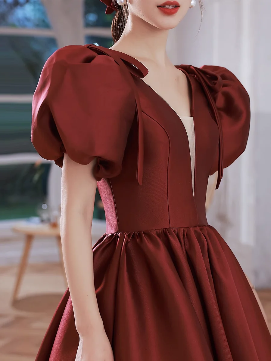 A line Burgundy Party Dresses Long Satin Prom Dresses P725 - Image 4