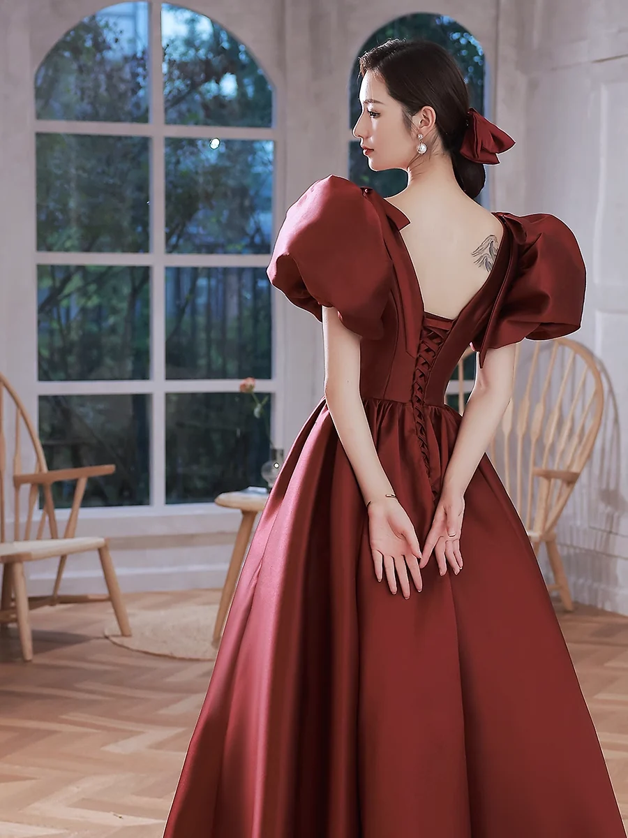 A line Burgundy Party Dresses Long Satin Prom Dresses P725 - Image 5