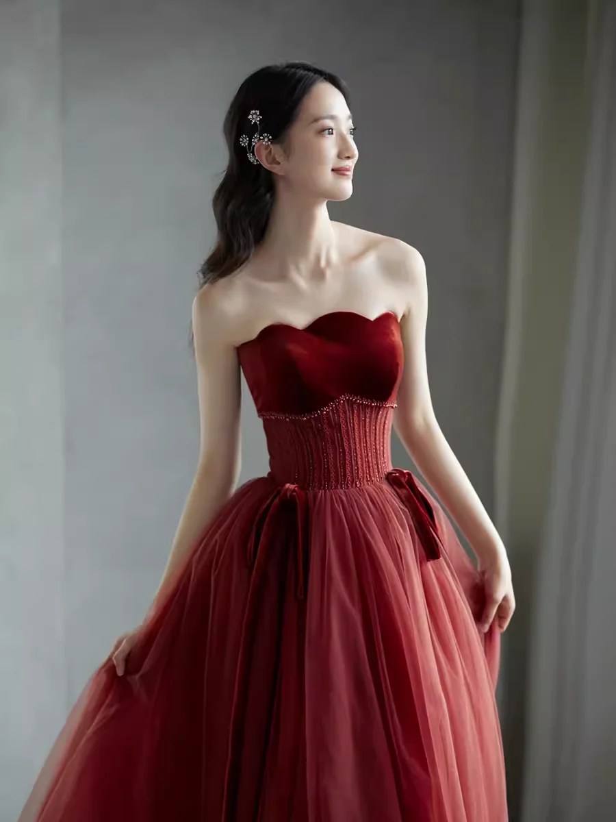 A line Burgundy Strapless Prom Dresses Evening Dress P2157 - Image 4