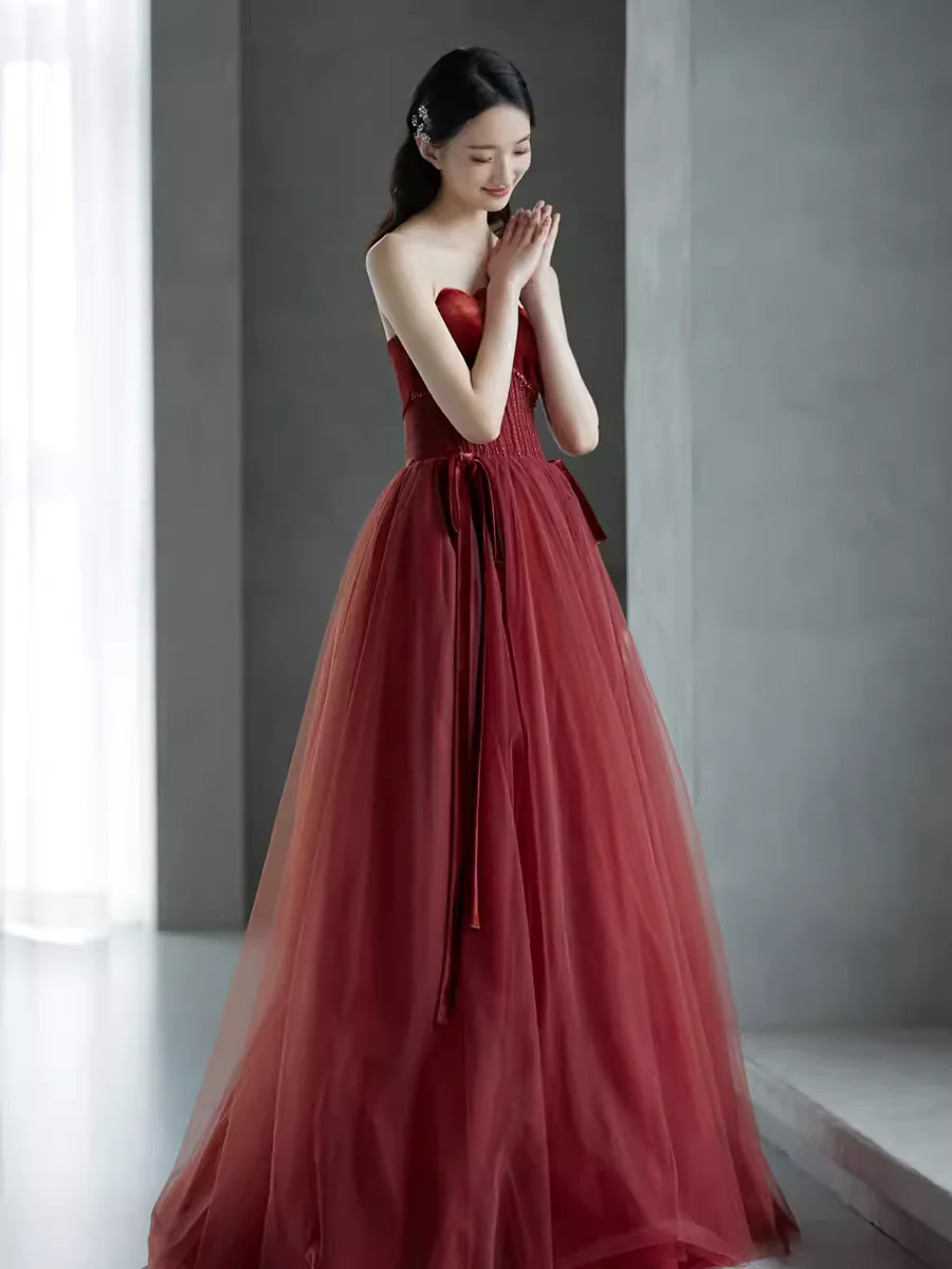 A line Burgundy Strapless Prom Dresses Evening Dress P2157 - Image 5