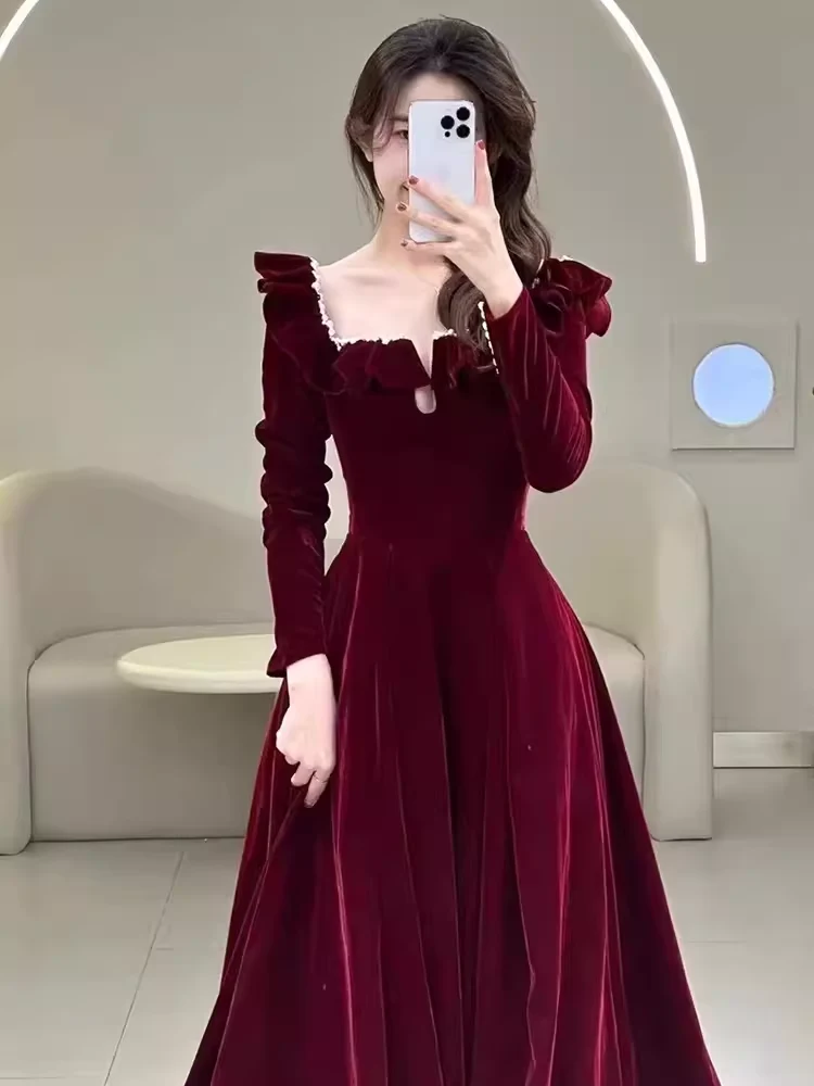 A line Burgundy Velvet Long Prom Dress Party Dresses P1611 - Image 3