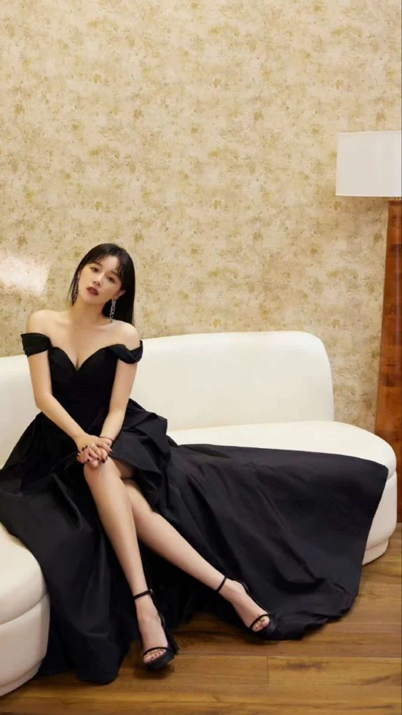 A line Off Shoulder Black Long Prom Dress With High Slit P1514 - Image 2