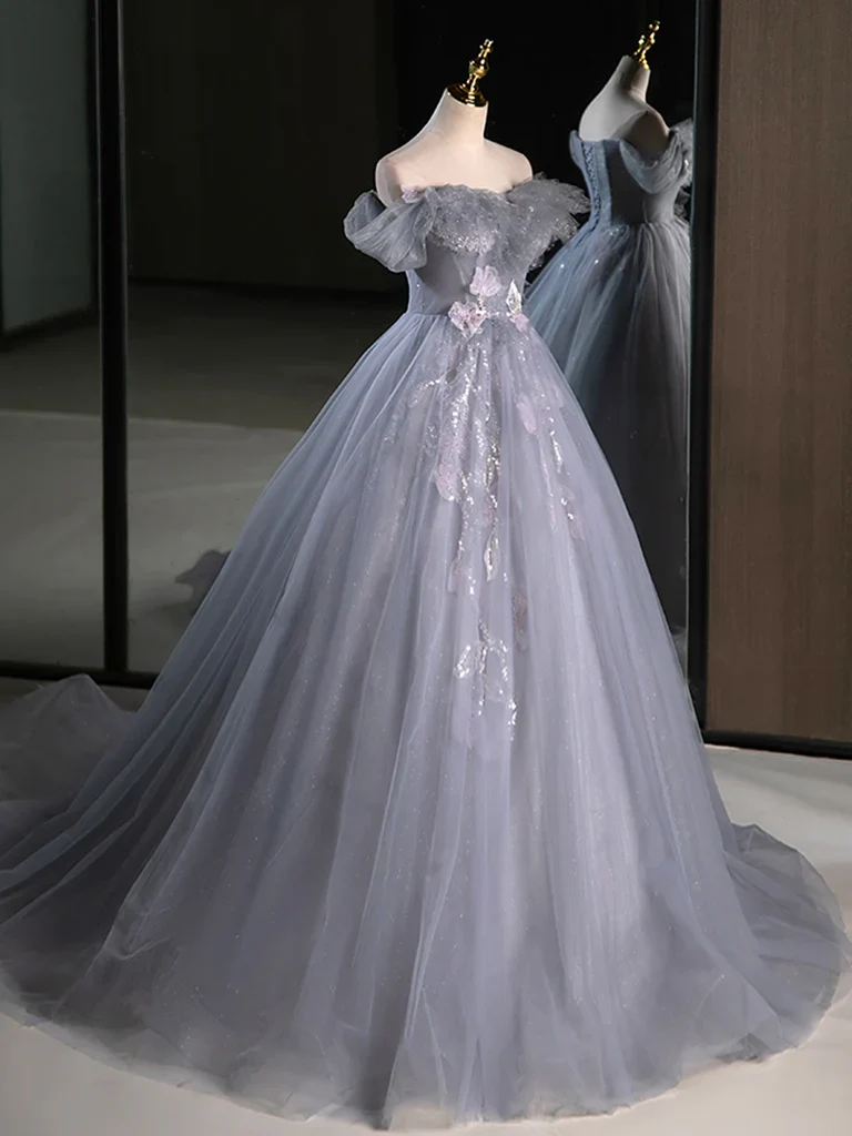 A-Line Off Shoulder Tulle Lace Gray Blue Long Prom Dress P733 - Image 2