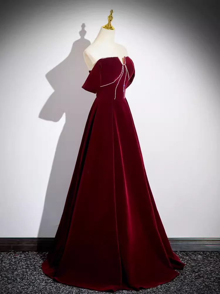 A line Off The Shoulder Evening Party Dress Velvet Prom Dress P778 - Image 2