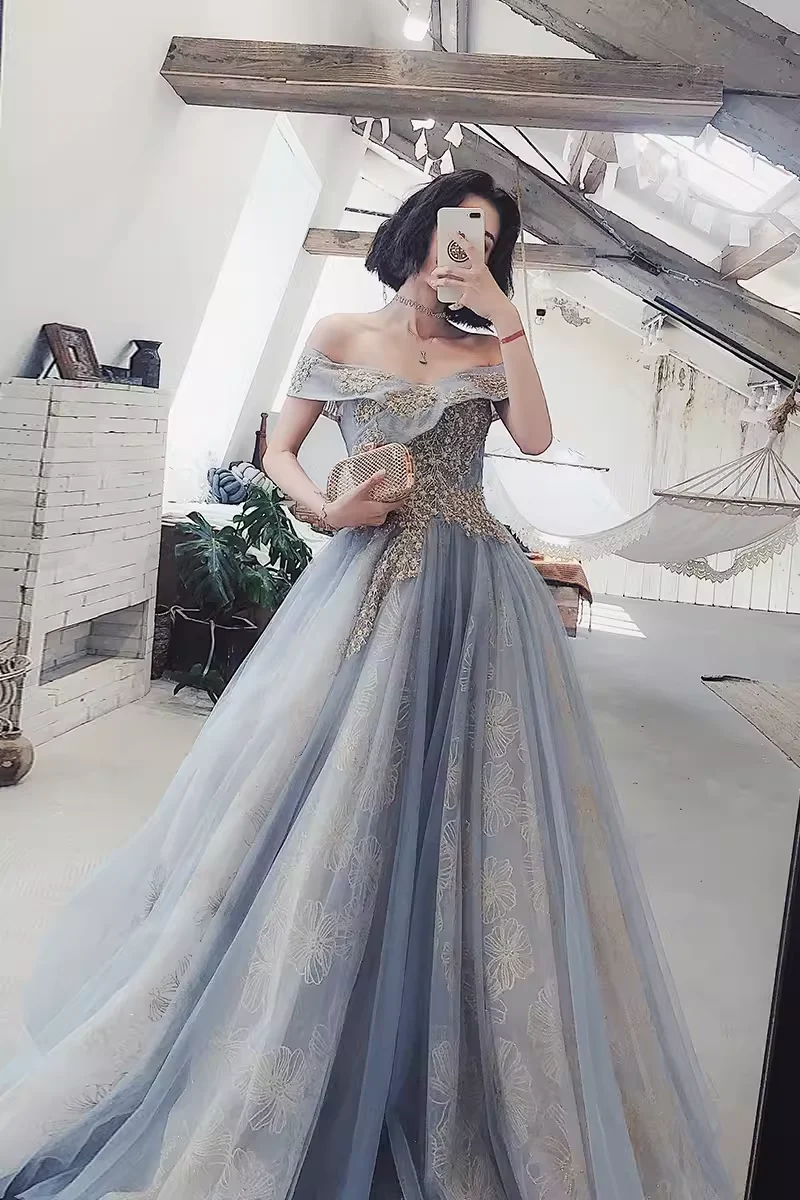 A line Off The Shoulder Gray Prom Dresses Long Evening Dress P2027 - Image 2