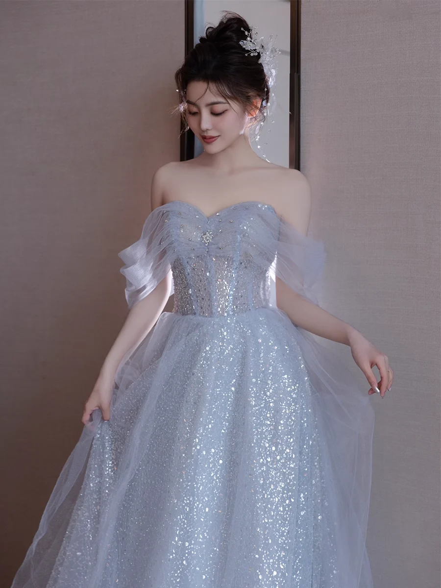 A line Off The Shoulder Tulle Gray Party Dresses Long Prom Dresses P723 - Image 3