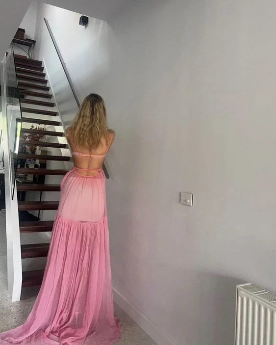 A line Pink Backless Evening Party Dress Long Pink Prom Dress P825 - Image 2