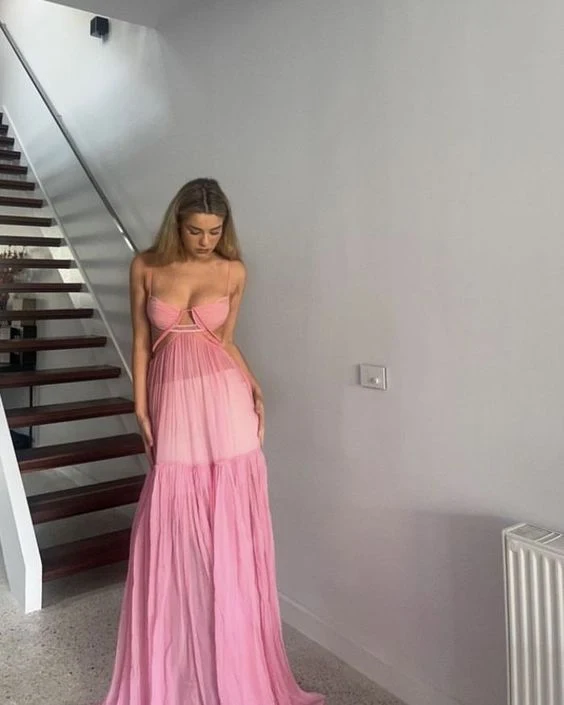 A line Pink Backless Evening Party Dress Long Pink Prom Dress P825 - Image 3