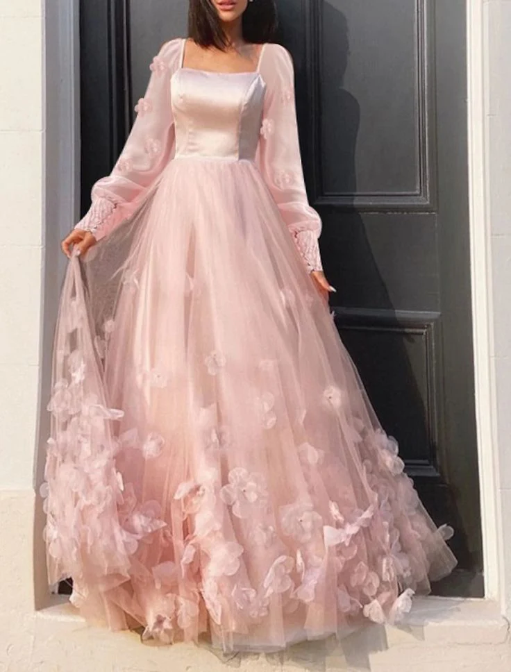 A-Line Prom Dresses Maxi Dress Floor Length Long Sleeves Tulle with Appliques 22th Birthday Outfits P649 - Image 2