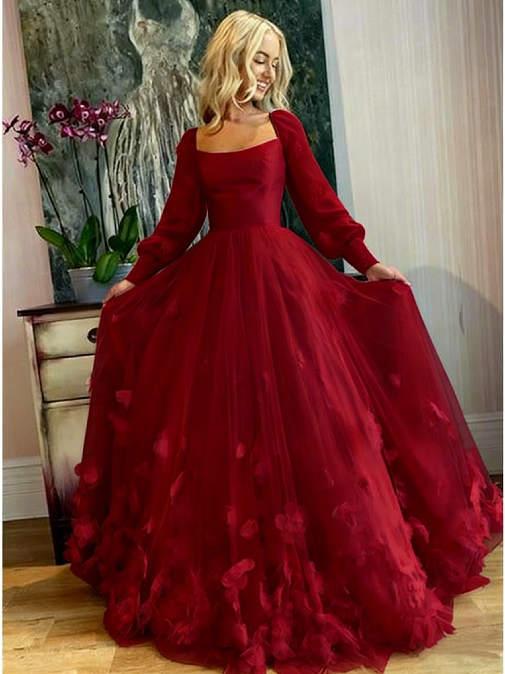 A-Line Prom Dresses Maxi Dress Floor Length Long Sleeves Tulle with Appliques 22th Birthday Outfits P649 - Image 5