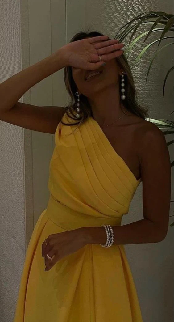 A line Sleeveless One Shoulder Yellow Prom Dress P971 - Image 2
