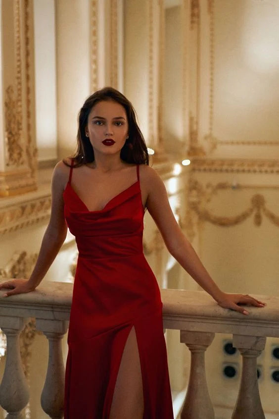 A line Spaghetti Straps Red Long Prom Dress With Slit P1501 - Image 3