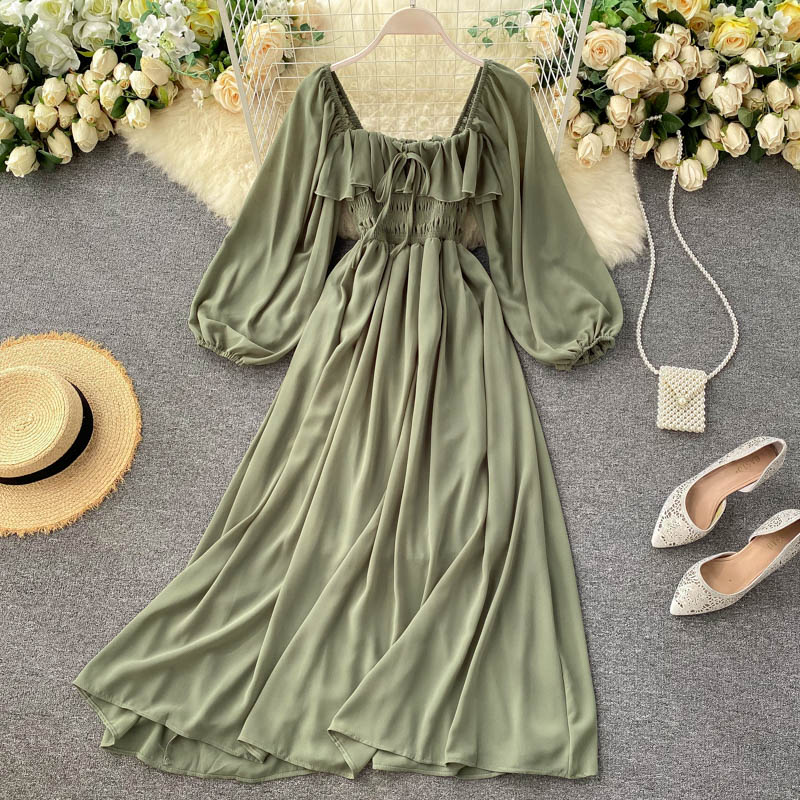 A line square neckline long sleeves chiffon dress women's dress P097 - Image 7