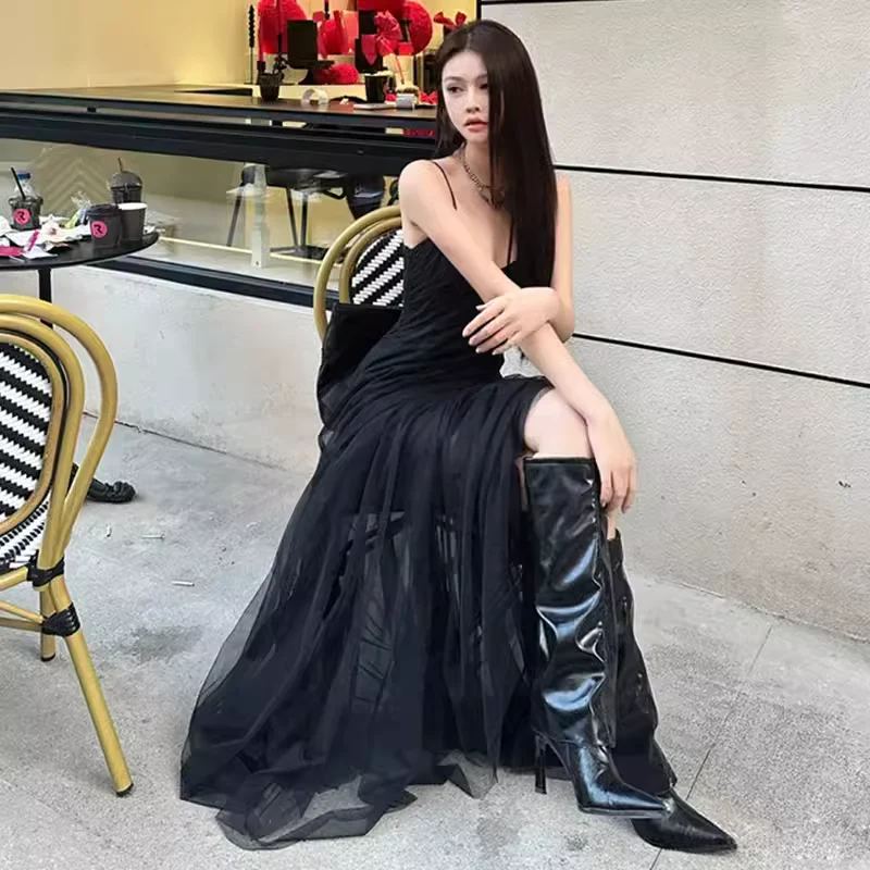 A line Straps Black Birthday Dress Tulle 21th Birthday Outfits P1010 - Image 5