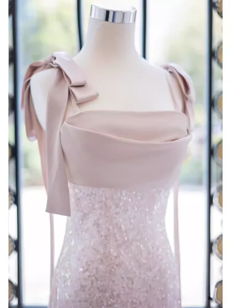 A line Straps Pink Satin Long Prom Dresses P1020 - Image 2