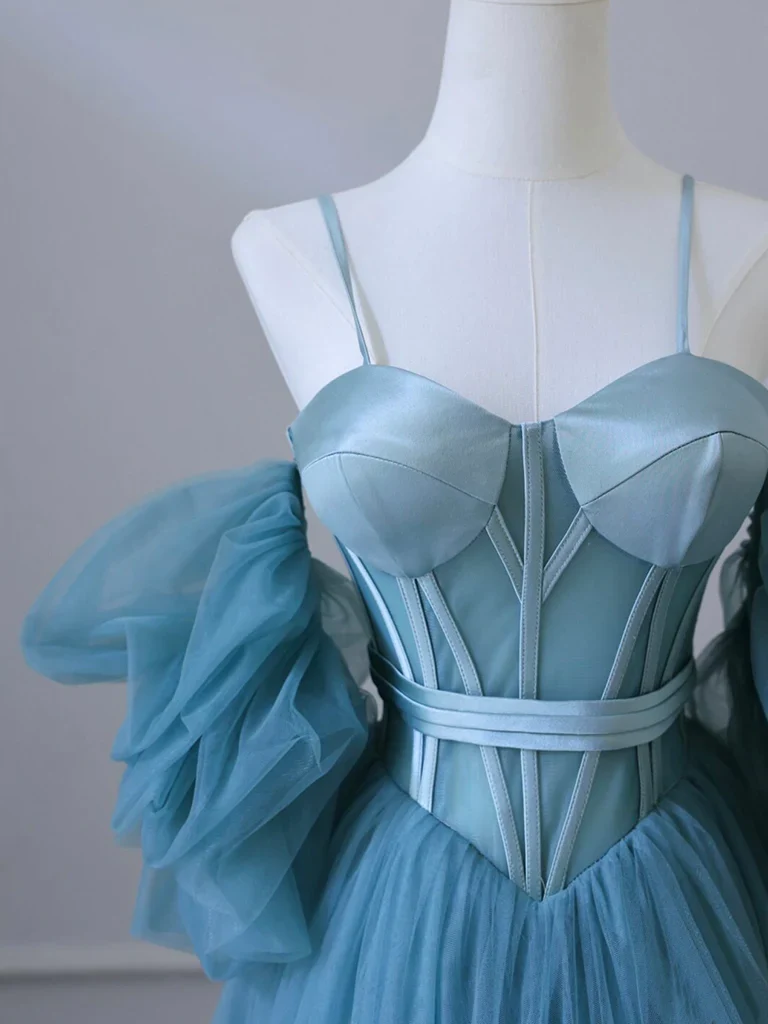 A-Line Sweetheart Neck Tulle Blue Long Prom Dress P637 - Image 3