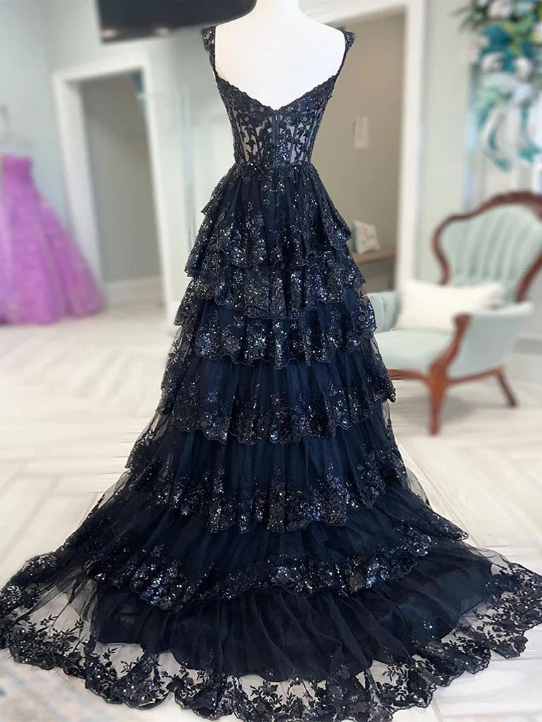 A-Line Sweetheart Neck Tulle Sequin Navy Blue Long Prom Dress P631 - Image 2