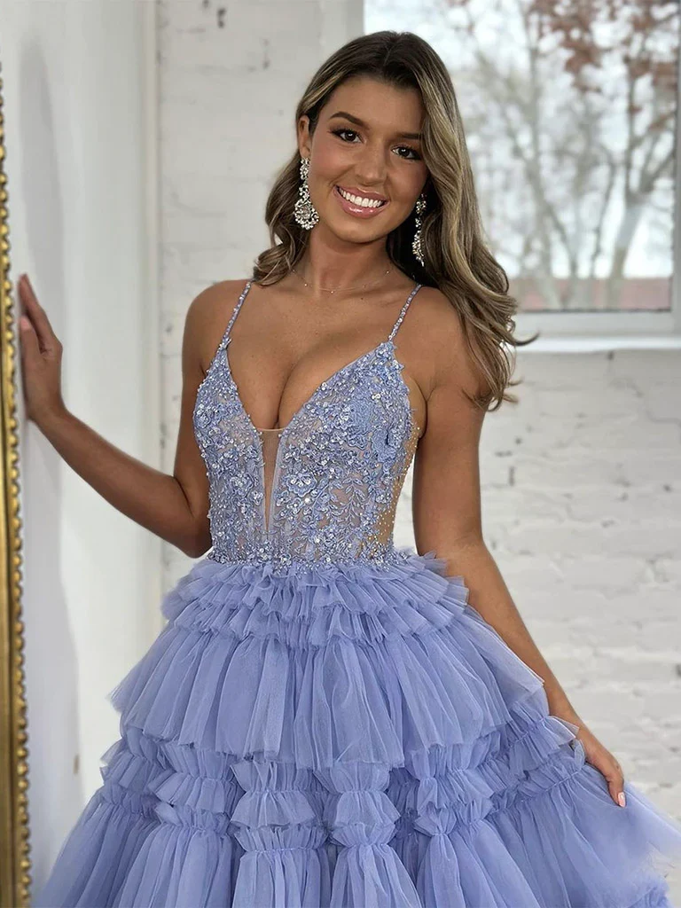 Ball Gown Blue V Neck Lace Tulle Long Prom Dress P738 - Image 3