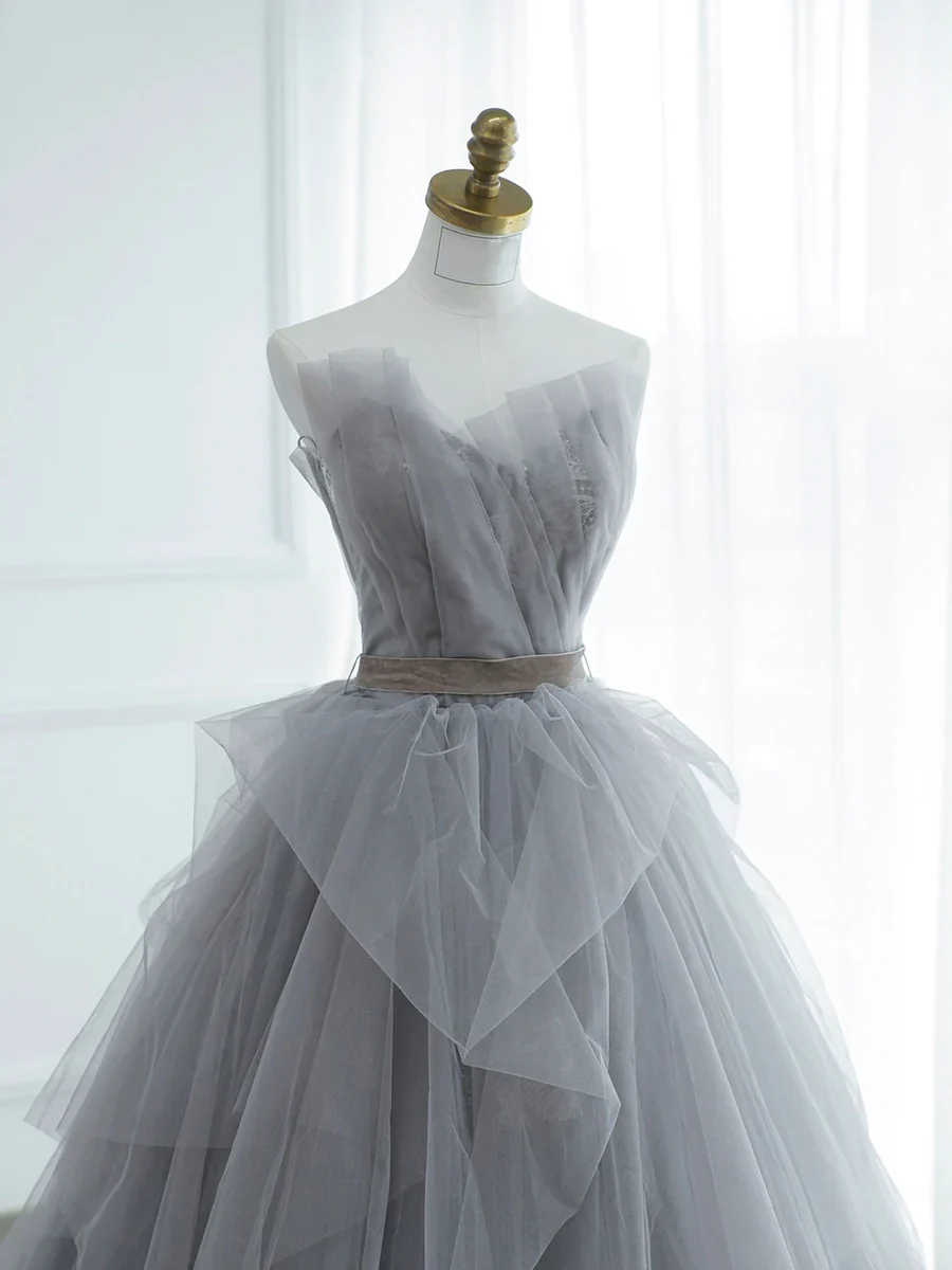 Ball Gown Gray Strapless Tulle Lace Long Prom Dress P673 - Image 2