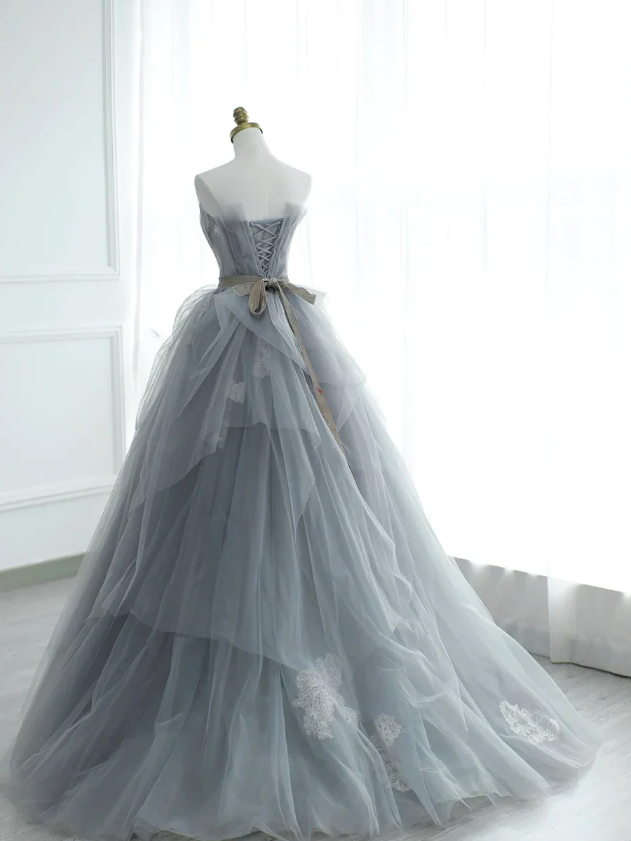 Ball Gown Gray Strapless Tulle Lace Long Prom Dress P673 - Image 3