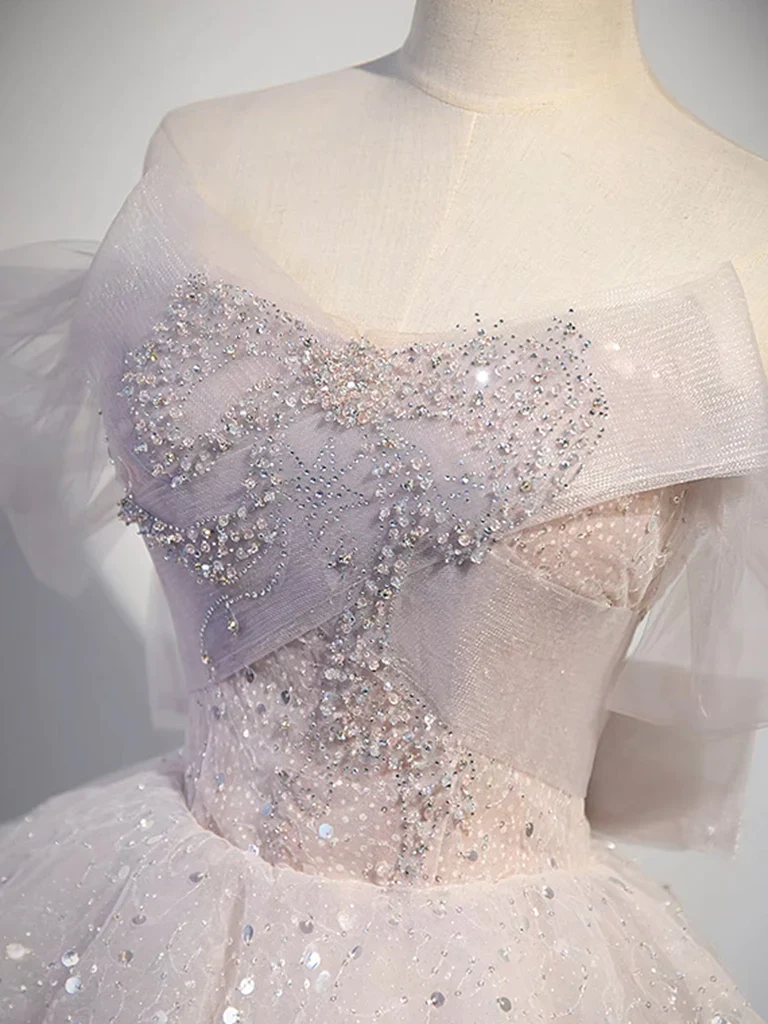 Ball Gown Off Shoulder Tulle Sequin Light Pink Long Prom Dress P1583 - Image 4