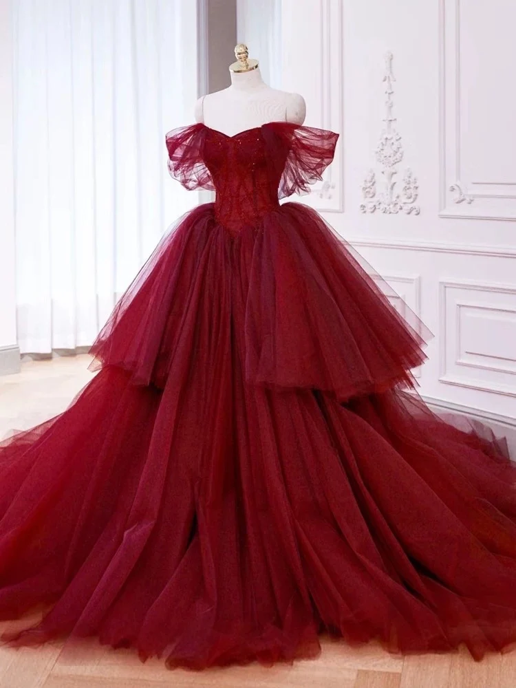 Ball Gown Off The Shoulder Tulle Red Sweet 16 Dresses P1734 - Image 3