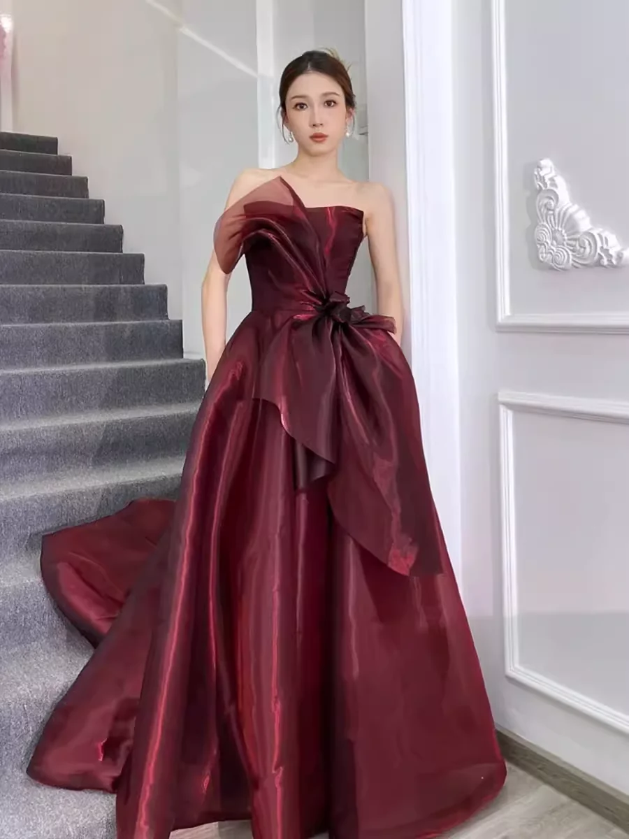 Ball Gown Strapless Burgundy Organza Prom Dresses Evening Dress P1991 - Image 4