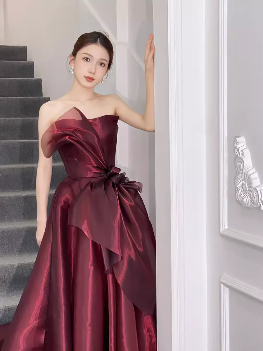 Ball Gown Strapless Burgundy Organza Prom Dresses Long Evening Dress P2023 - Image 3