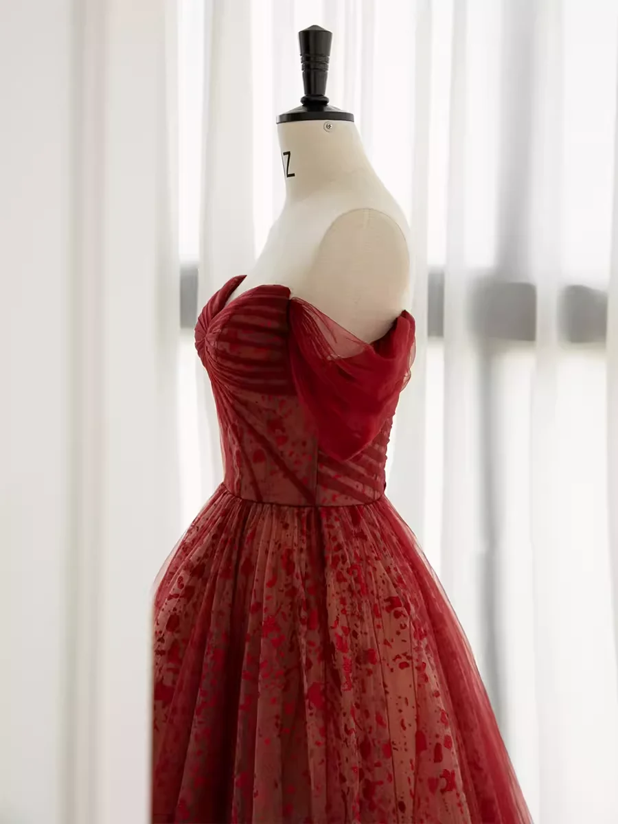 Ball Gown Strapless Burgundy Tulle Prom Dresses Evening Dress P1989 - Image 2