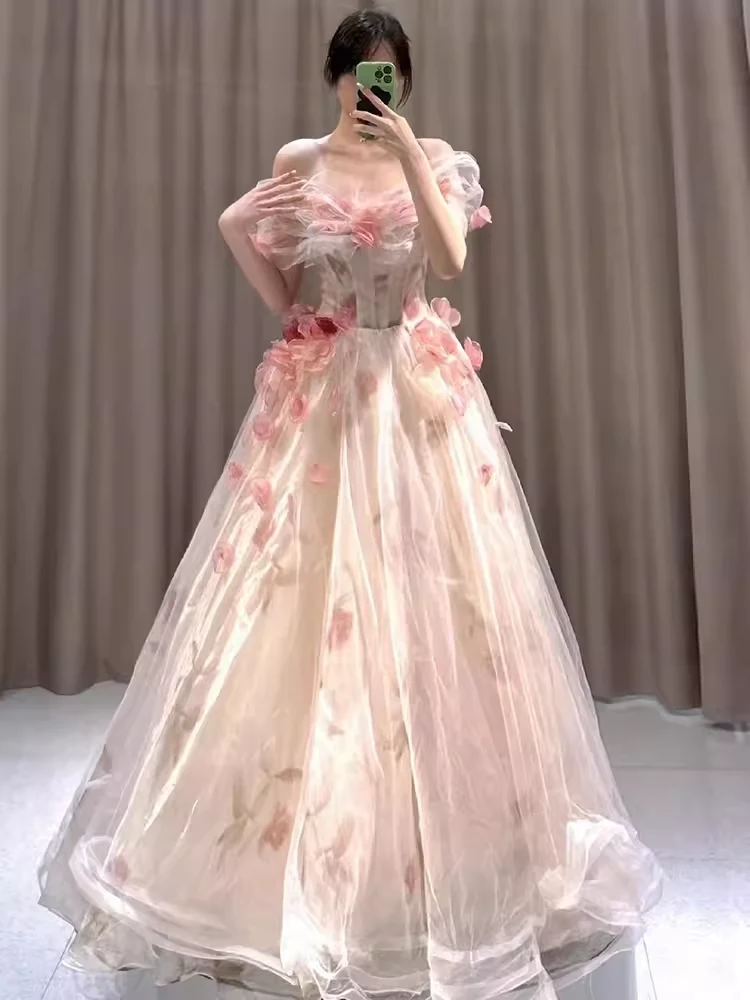 Ball Gown Strapless Champagne Floral Prom Dress Long Party Dresses P1606 - Image 2