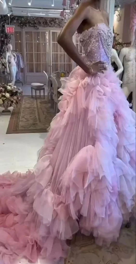 Ball Gown Strapless Pink Tulle Long Prom Dress P974 - Image 2