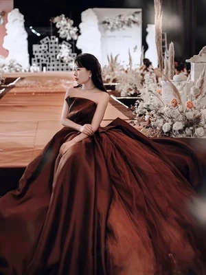 Ball Gown Strapless Sleeveless Tulle Brown Long Prom Dress P562 - Image 2