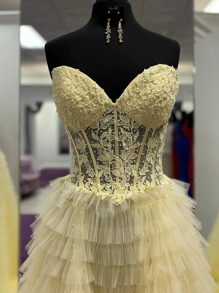 Ball Gown Strapless Yellow Lace Long Prom Dresses P520 - Image 2