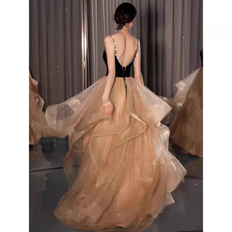 Ball Gown Straps Tulle Champagne Party Dress Long Prom Dress P872 - Image 3