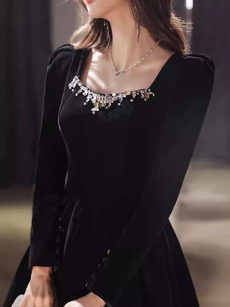 Beautiful A line Long Sleeves Black Velvet Long Prom Dress P1325 - Image 3