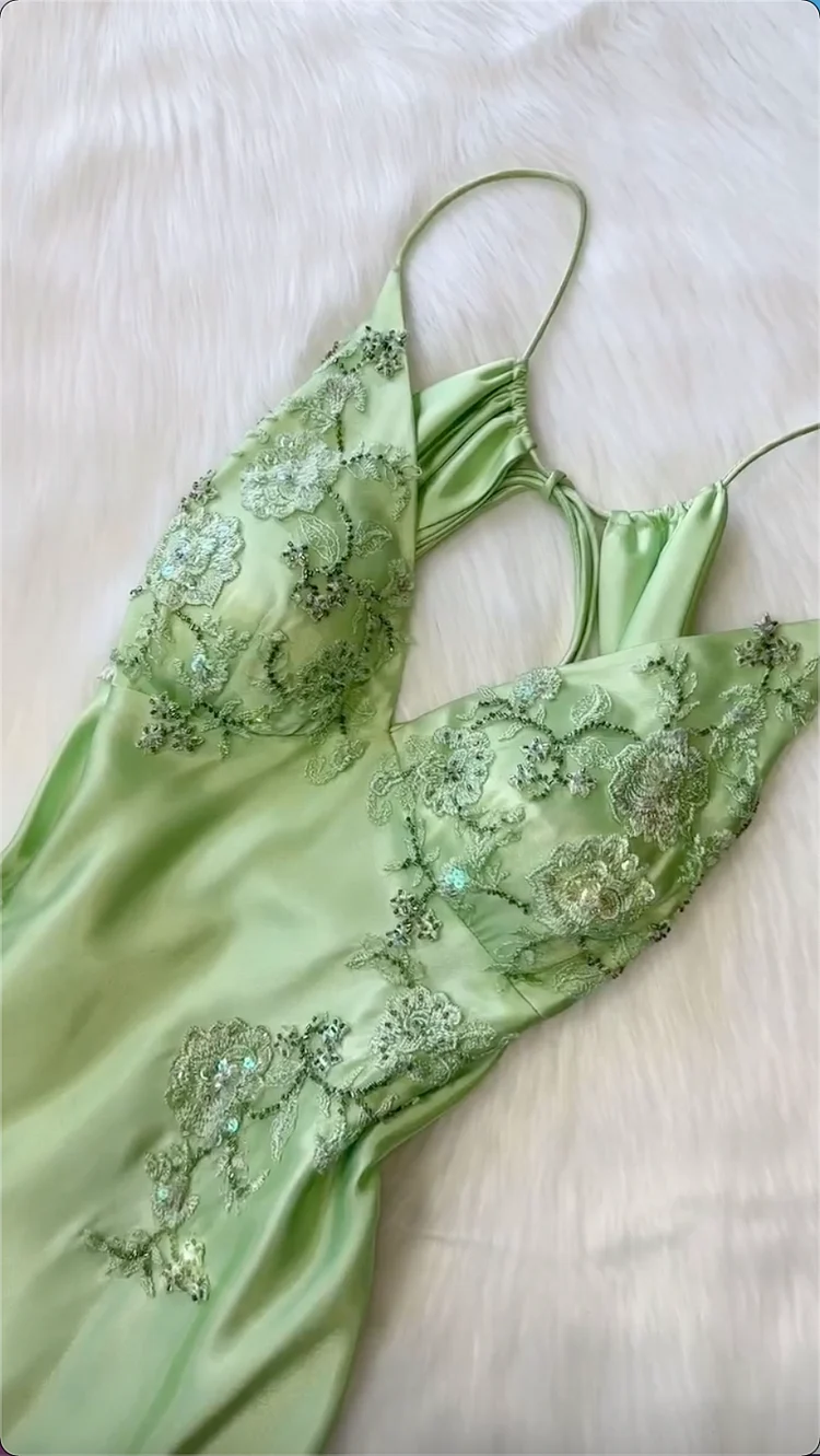 Beautiful A Line Spaghetti Straps Green Long Prom Dresses Backless Satin Evening Gowns P2314 - Image 2