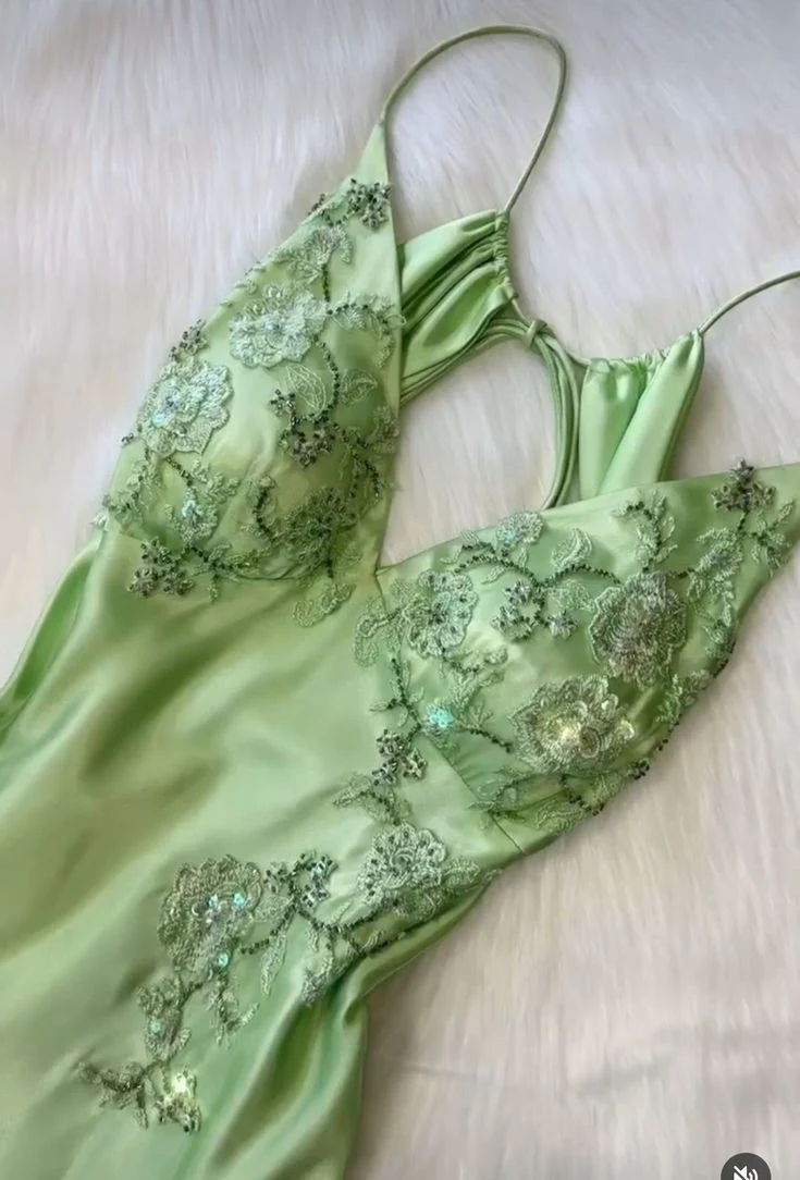 Beautiful A Line Spaghetti Straps Green Long Prom Dresses Backless Satin Evening Gowns P2314 - Image 3