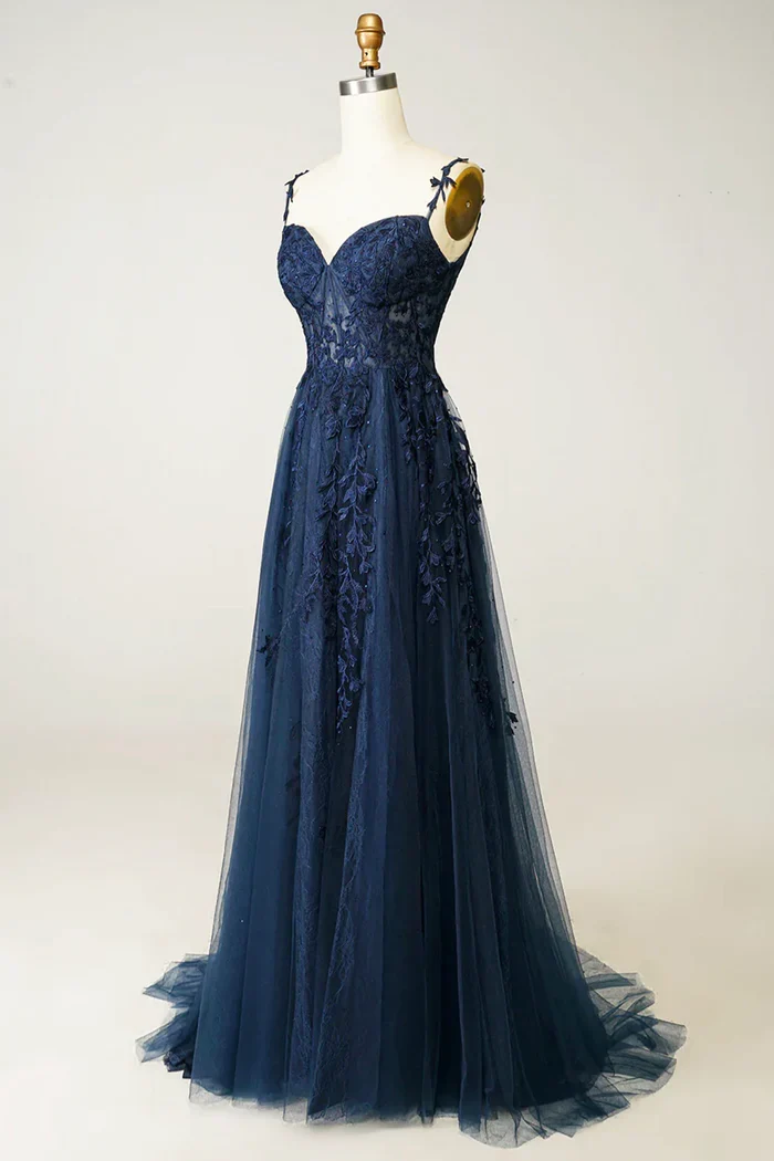 Beautiful A line Spaghetti Straps Navy Blue Lace Prom Dresses Formal Dress P2229 - Image 2