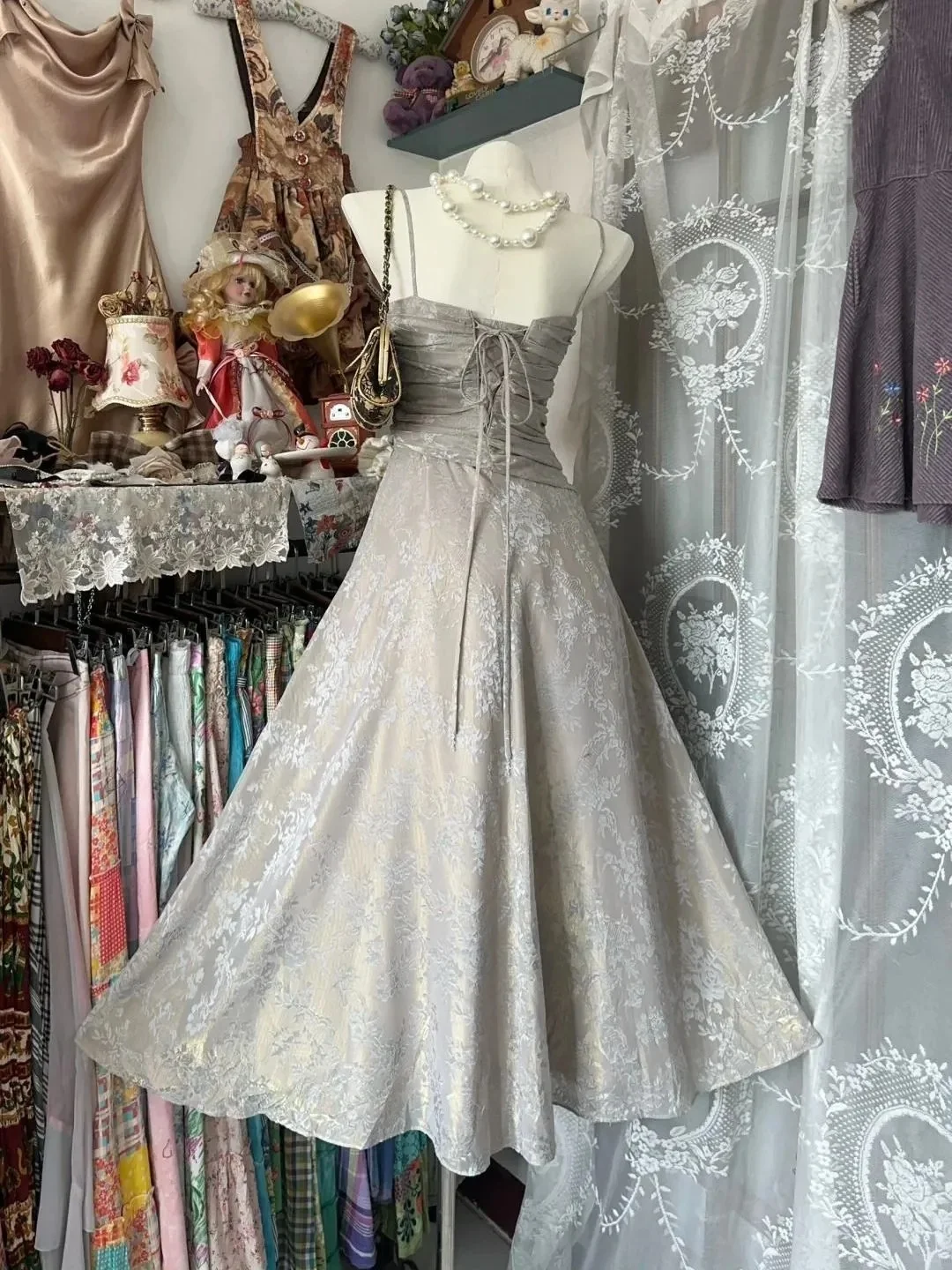 Beautiful Grey Spaghetti Straps A-line Prom Dress With Strappy Back P3498 - Image 2