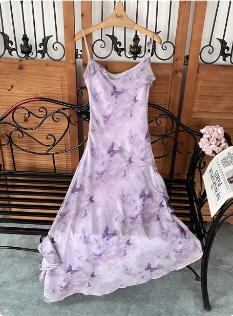 Beautiful Light Purple Spaghetti Strap Butterfly Printed Chiffon Prom Dress P4546 - Image 3