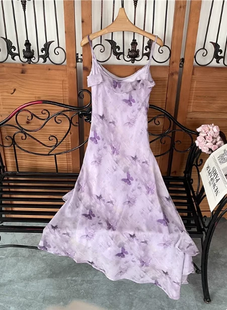 Beautiful Light Purple Spaghetti Strap Butterfly Printed Chiffon Prom Dress P4546 - Image 4