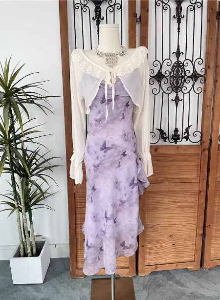 Beautiful Light Purple Spaghetti Strap Butterfly Printed Chiffon Prom Dress P4546 - Image 5