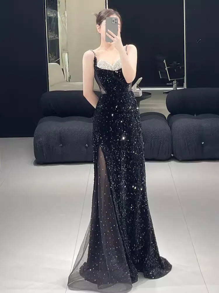 Beautiful Mermaid Straps Slit Black Long Prom Dress P1323 - Image 3