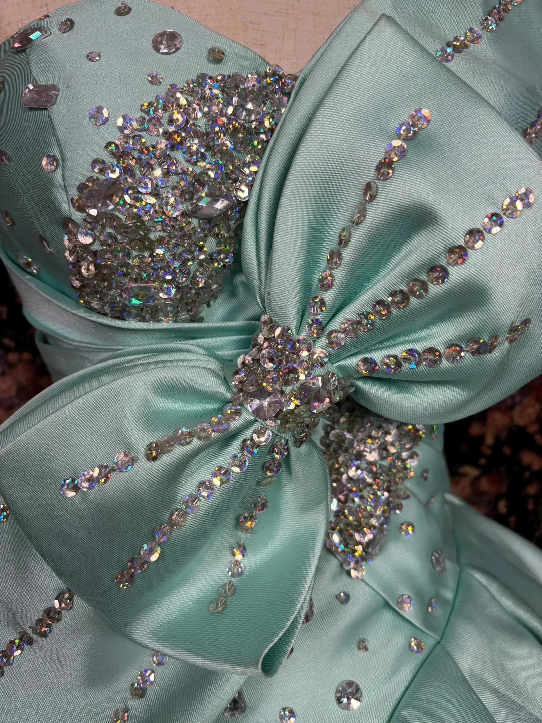 Beautiful mint green thick satin A-line wedding dress with big bow P2980 - Image 4