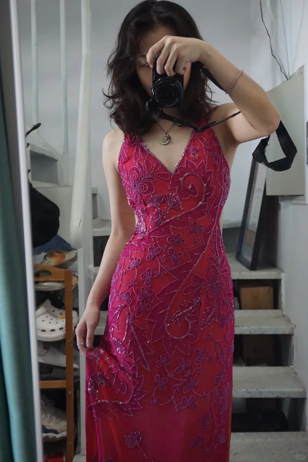 Beautiful Pink Backless Halter Neck High Slit V-neck Prom Dress P3494 - Image 6