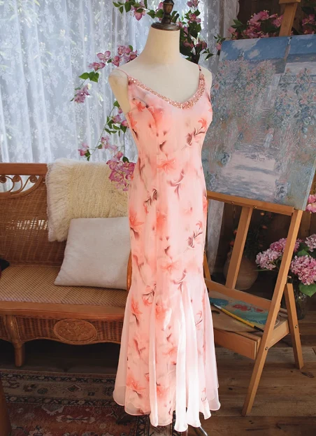 Beautiful Pink Printed Oil Painting V-neck Chiffon Mermaid Prom Dress P3472 - Image 3