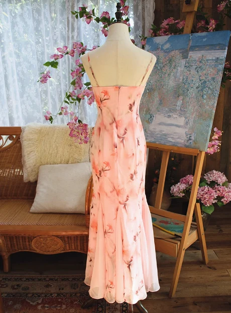 Beautiful Pink Printed Oil Painting V-neck Chiffon Mermaid Prom Dress P3472 - Image 4