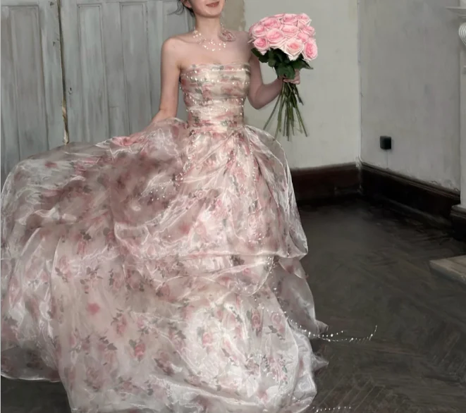 Beautiful Pink Rose Print Strapless Layered Organza Train Prom Dress Evening Dress P4891 - Image 2